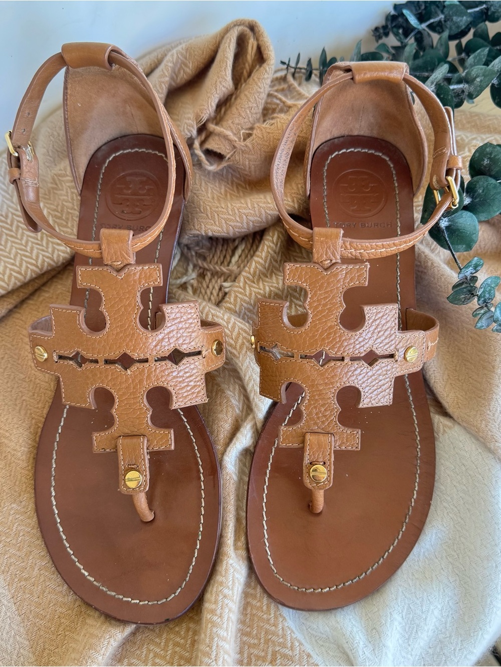 Tory Burch Womens Chandler Wedge Sandals Brown Leather Ankle Strap Size 8.5 M - Picture 2 of 8